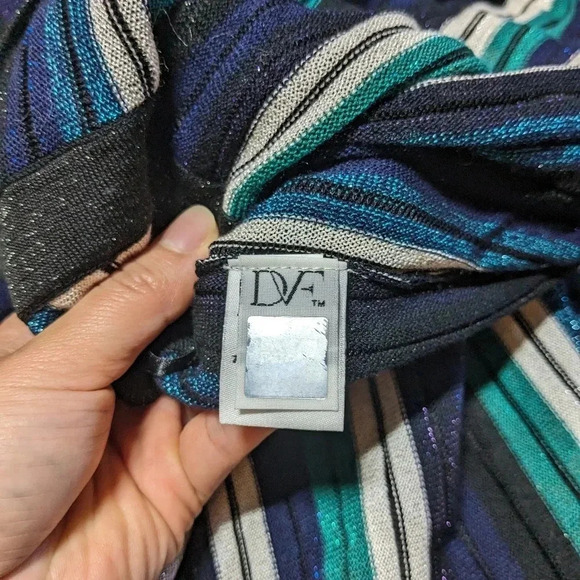 Diane Von Furstenberg Metallic Dress Cadenza Knit Wrap Blue Green Medium Midi - Picture 6 of 10